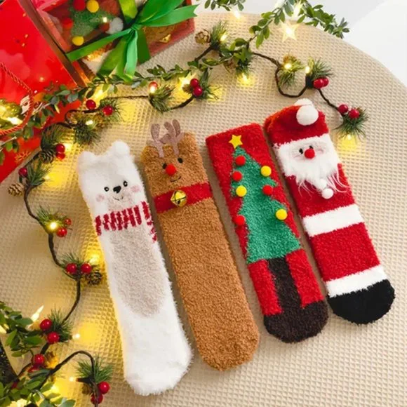 4 Pairs Socks Gift For Christmas With Box , Fuzzy Fluffy Thick Socks , 3D Ears D - Picture 2 of 5